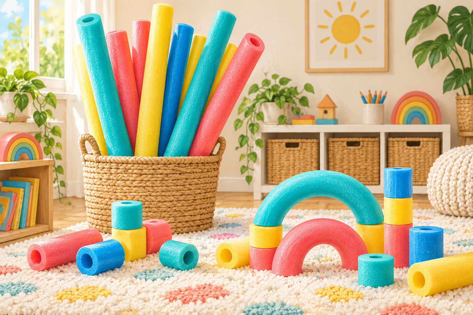 Illustrated colorful foam pool noodles arranged for creative play
