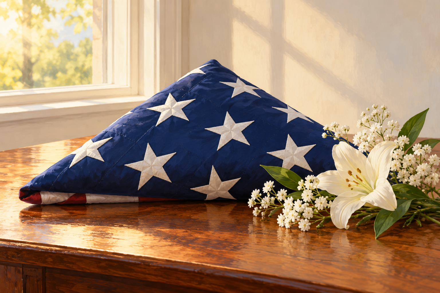 Illustrated folded United States flag and flowers